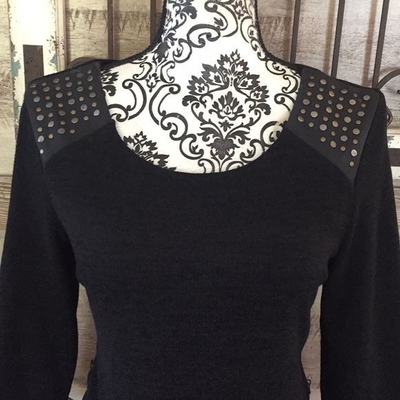 Studded & Leather Shoulder Flared Sweater Dress - Picture 2 of 5
